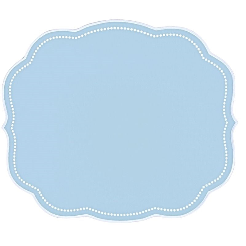 Front view of Charlotte placemat in blue, showcasing scalloped edges and double embroidered dot border on white background