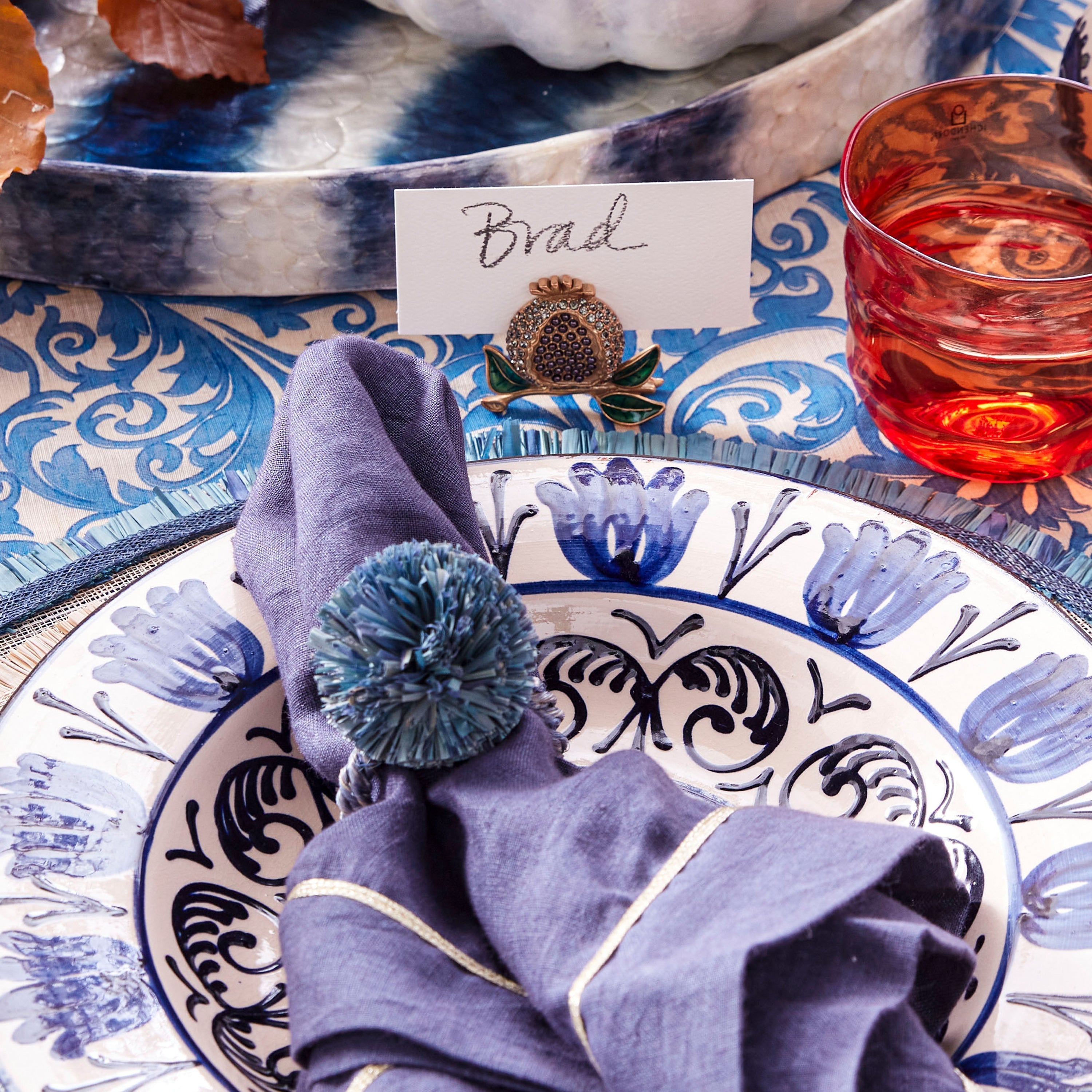 Straw Pompom Napkin Rings in Indigo, Set of Four
