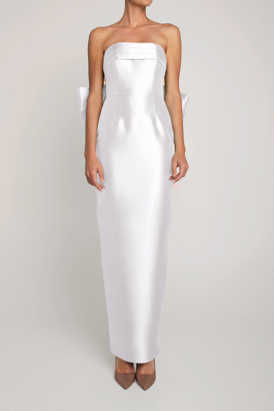 Camille Silk and Wool Column Gown with Removable Train in White