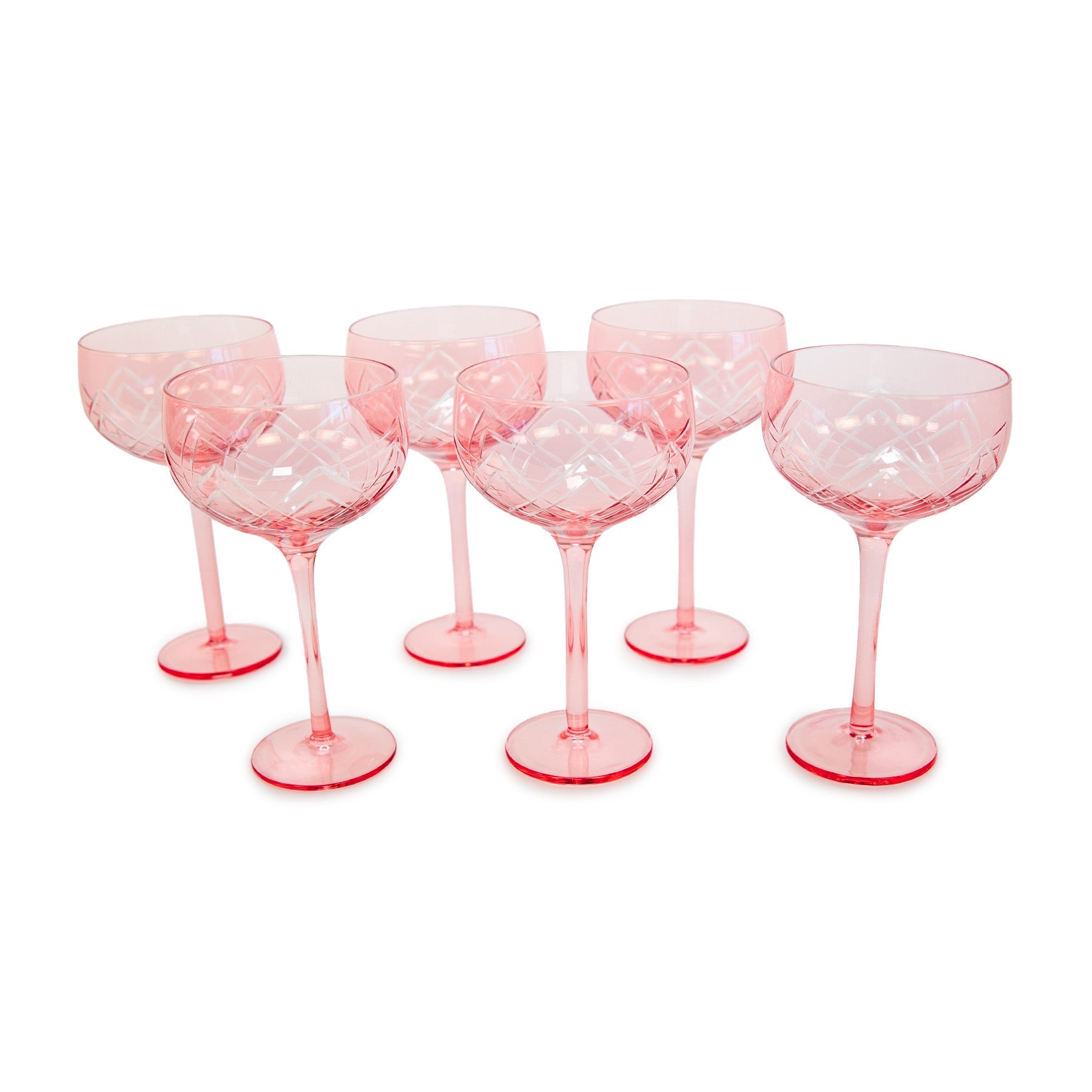 Candy etched glass champagne coupes in rose, set of 6