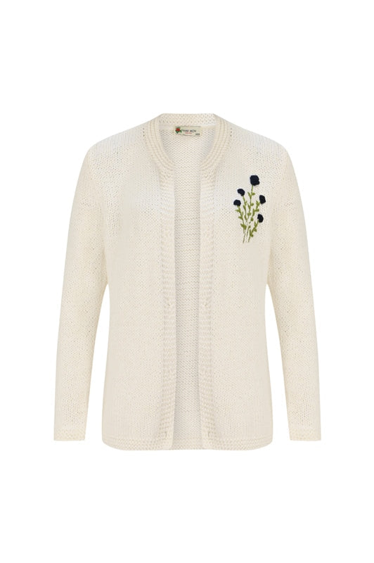 Front view of Krasiva Cotton Cardigan showcasing navy embroidered floral detail at the chest and open-front off-white knit