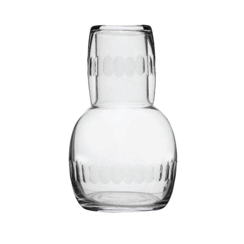 Front view of Crystal Carafe Set with Lens Design showcasing a clear crystal carafe with engraved oval bands on white background