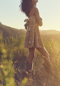 Meadow Embroidered Beaded Mini Dress in Light Fawn and Ivory Floral