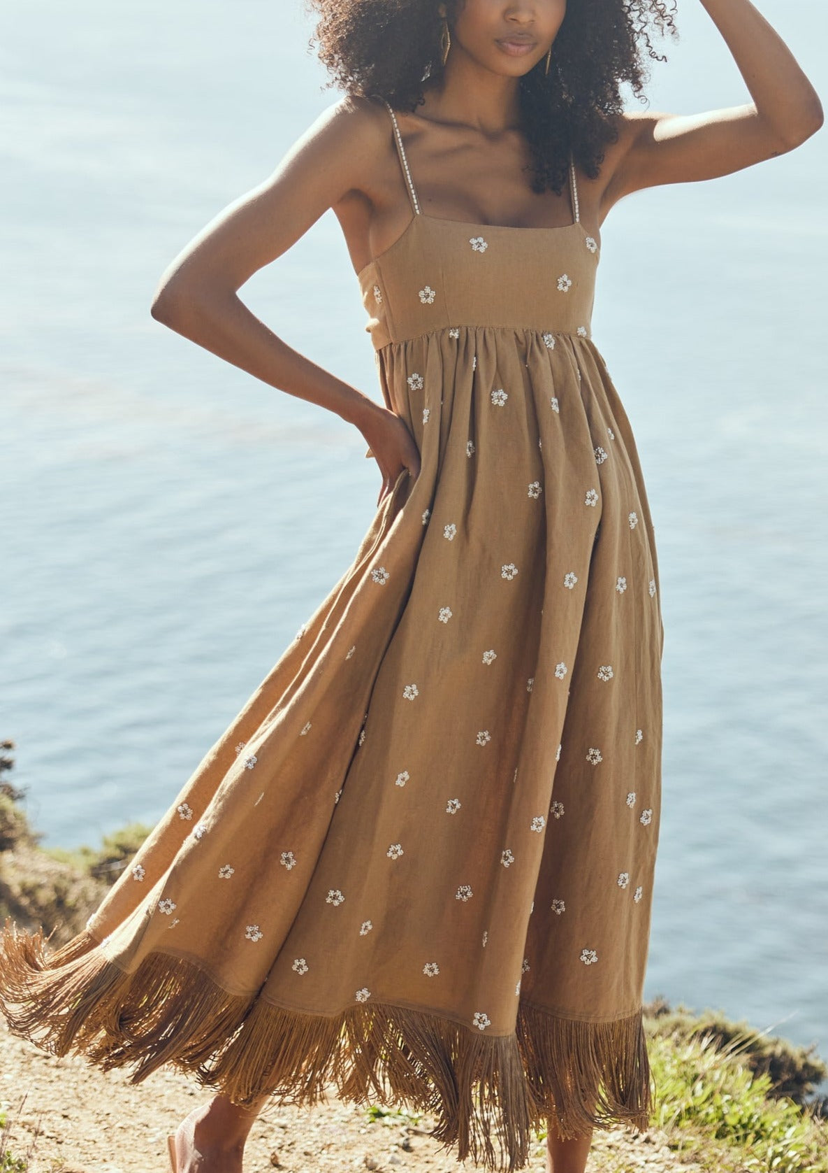 Meadow Beaded Dress in Light Fawn and Ivory Floral