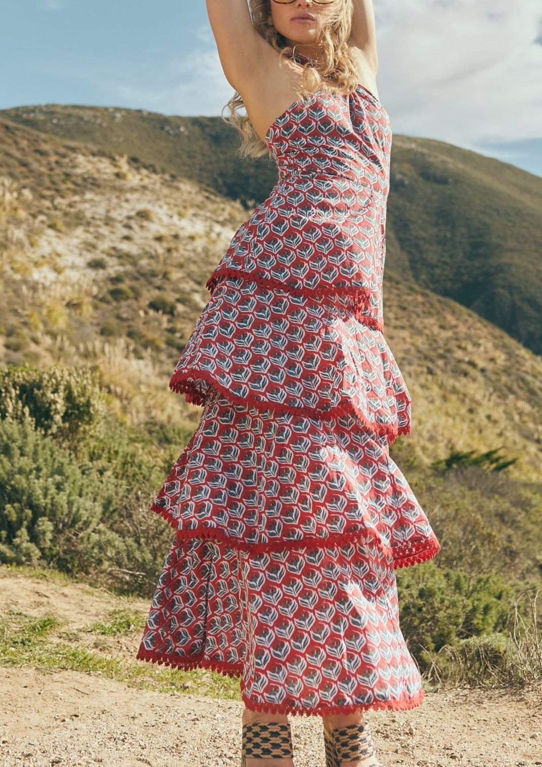 Emma Tiered Dress in Carmine Crimson Floral