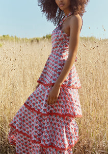 Emma Tiered Dress in Carmine Crimson Floral