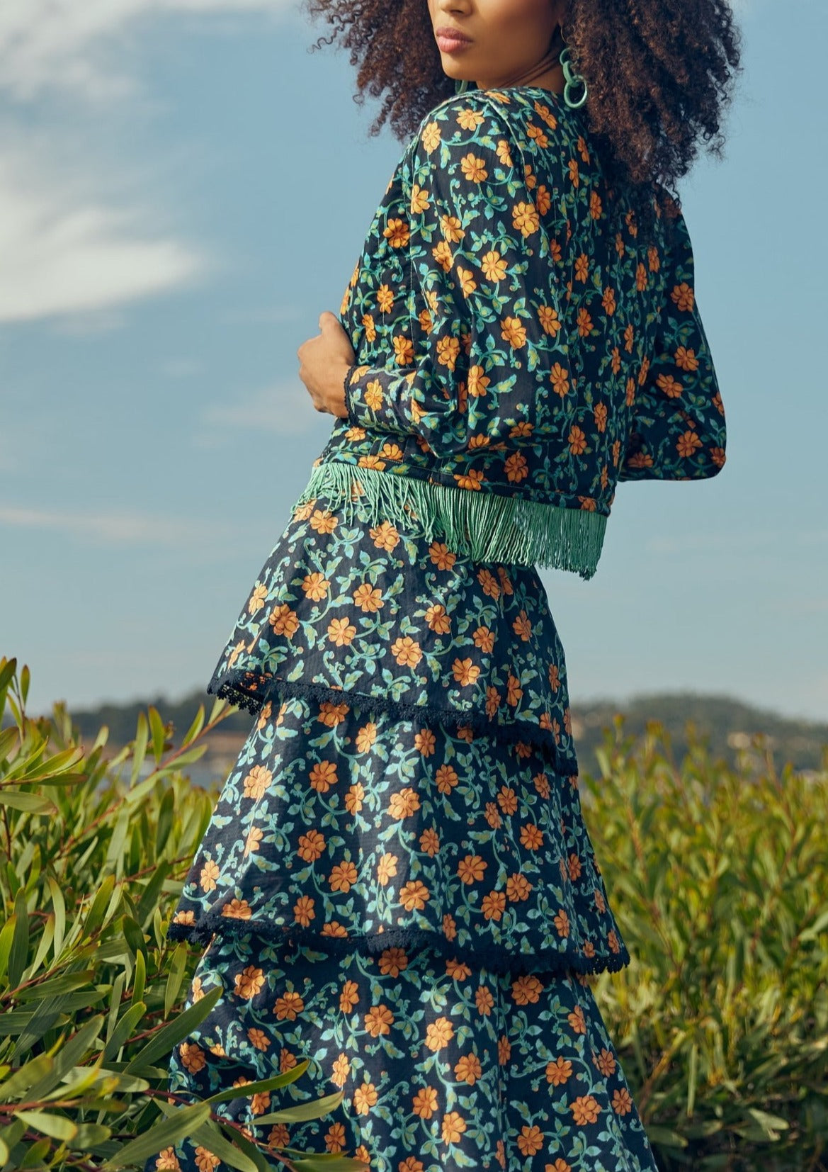 Brenda Tiered Skirt in Faded Black with Clementine Moss Floral