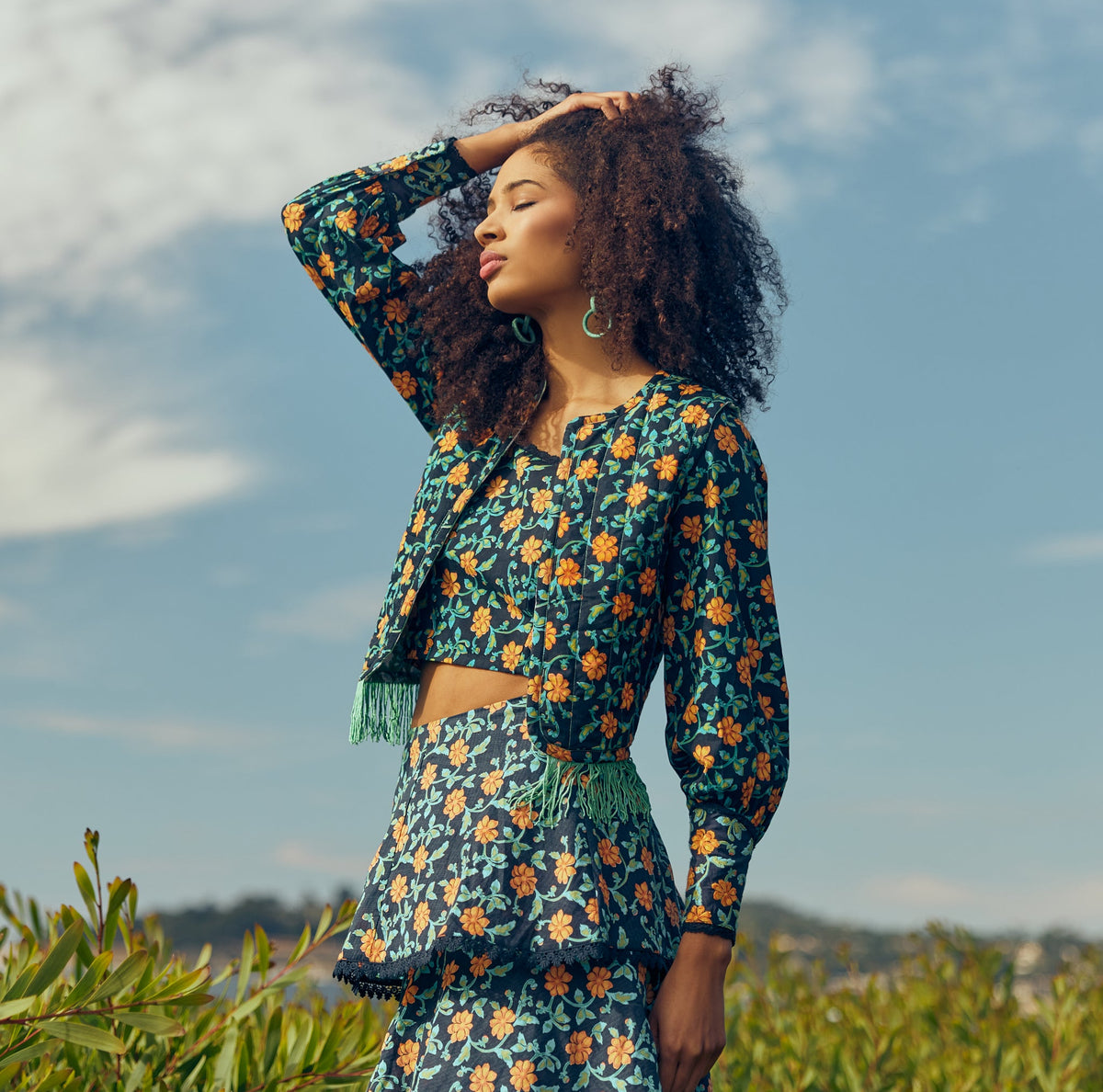 Brenda Tiered Skirt in Faded Black with Clementine Moss Floral