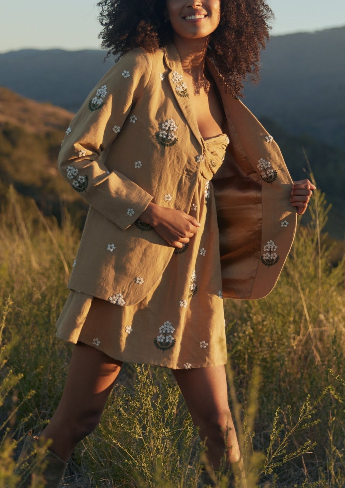 Meadow Embroidered Beaded Blazer in Light Fawn and Ivory Floral