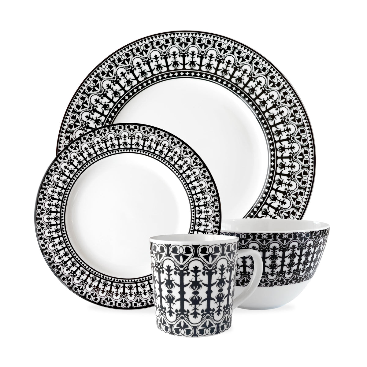 Front view of Casablanca Place Setting, Set of 4 showcasing ornate black and white scrollwork on white background