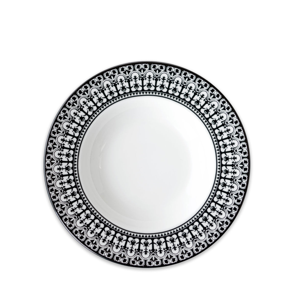 Top view of Casablanca Rimmed Soup Bowl showcasing black and white ornate scrollwork on a white background