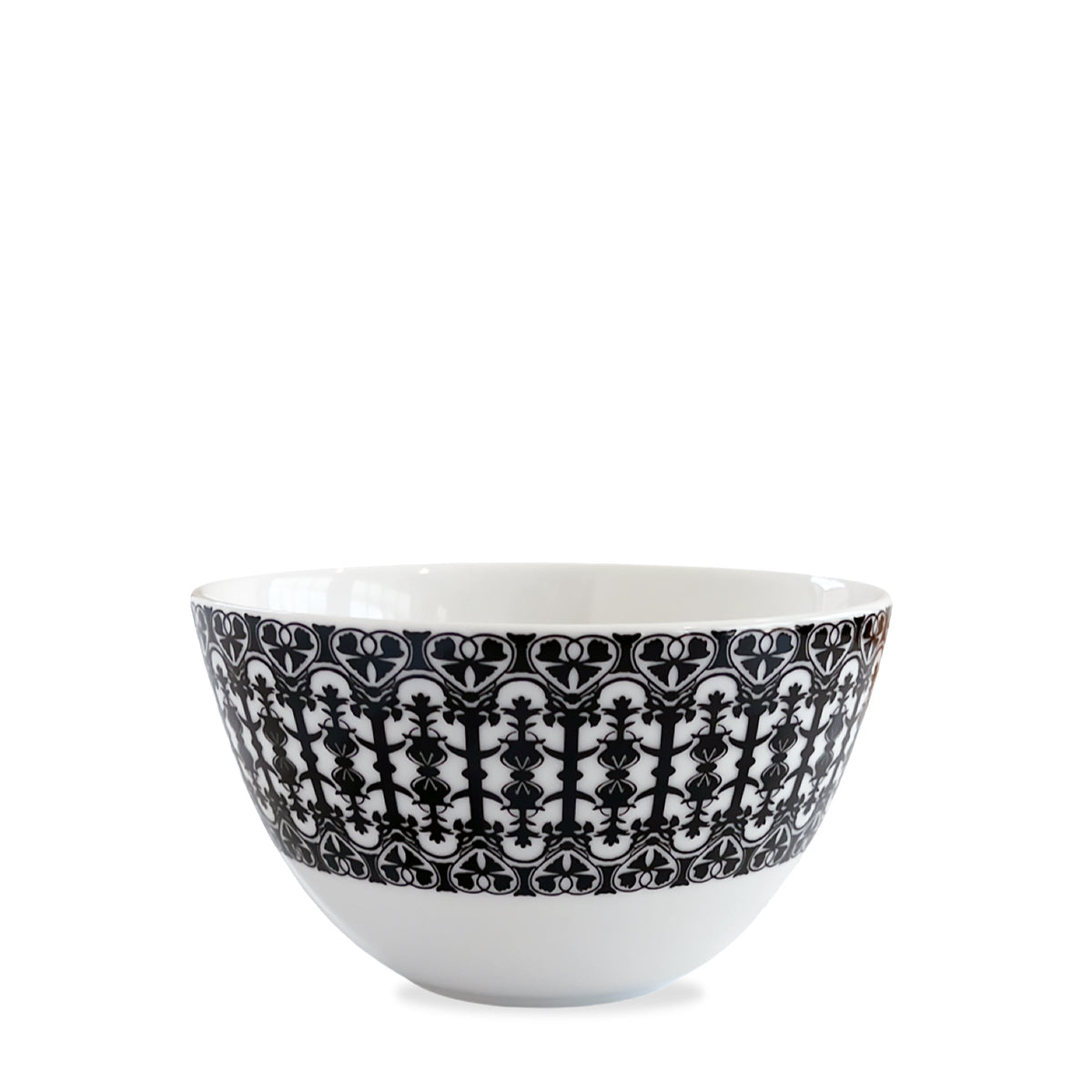 Front view of Casablanca Tall Cereal Bowl showcasing black and white ornamental scrollwork with a white background
