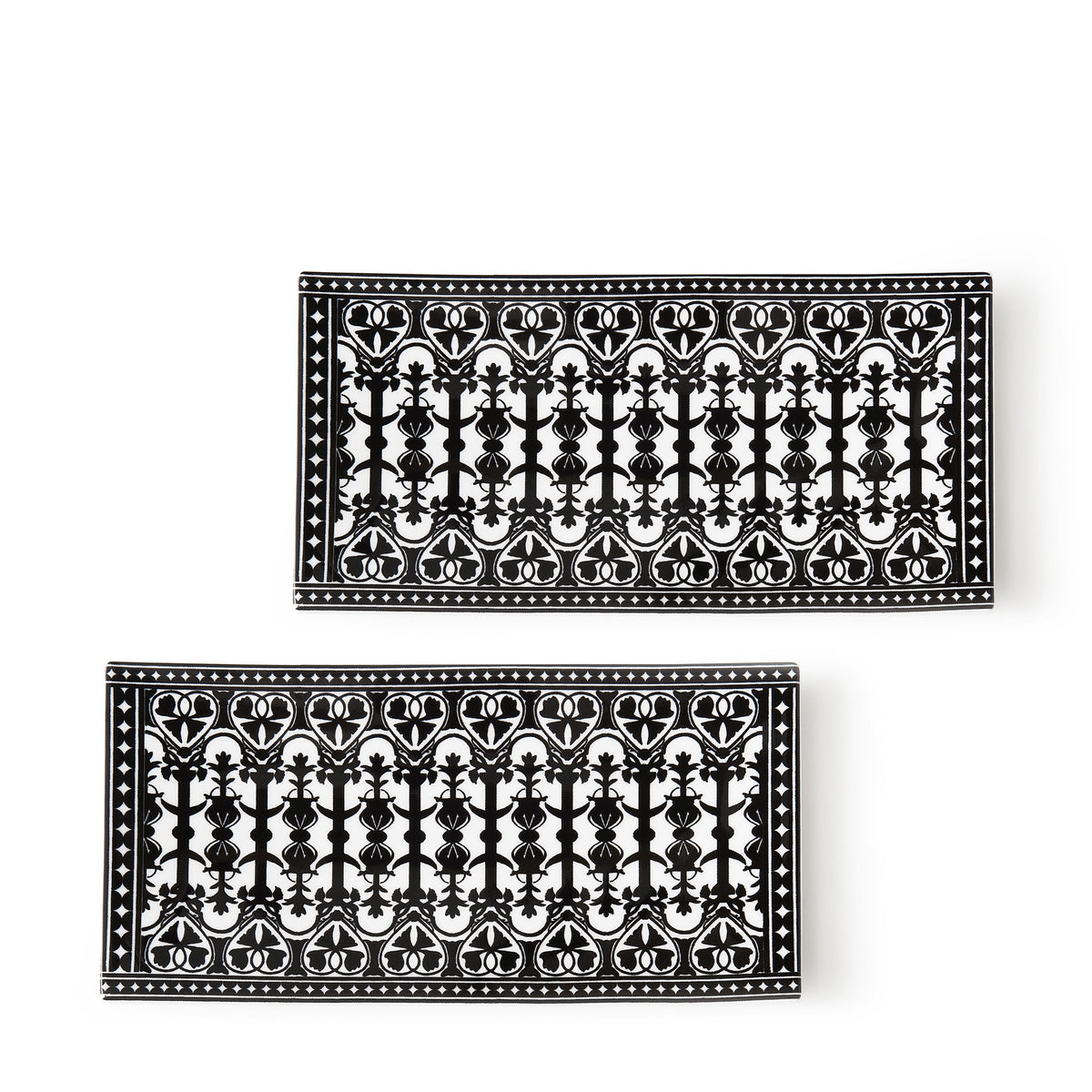 Front view of Casablanca Sushi Tray, Set of 2 showcasing black and white ornamental scrollwork with a white background