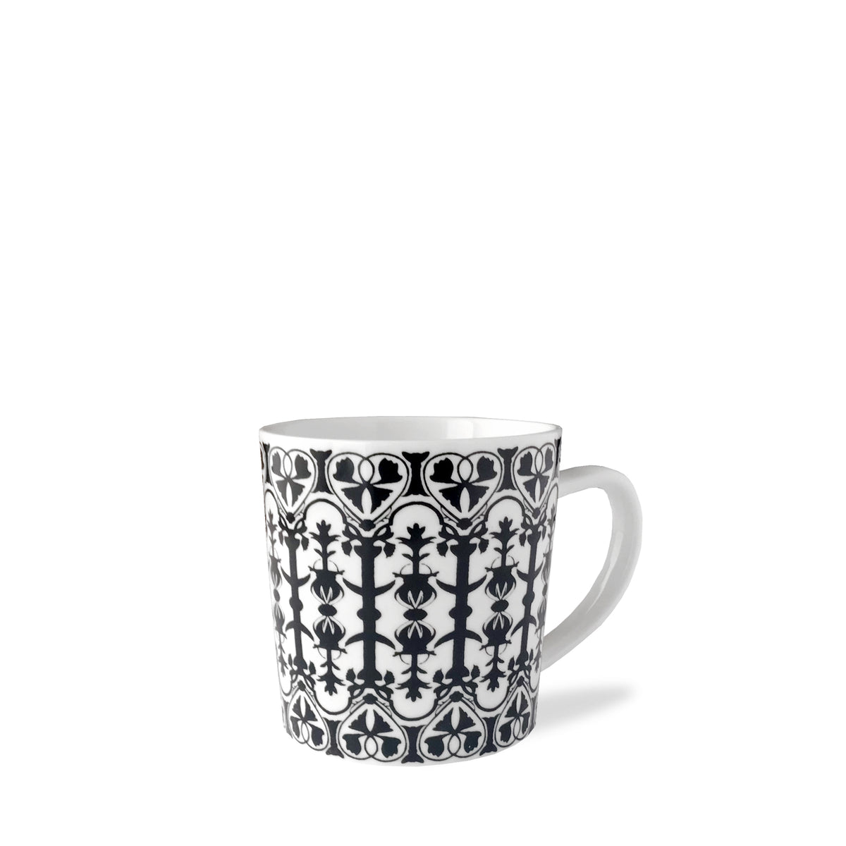 Three-quarter view of Casablanca Mug in Black showcasing ornate black and white scrollwork pattern with a white background