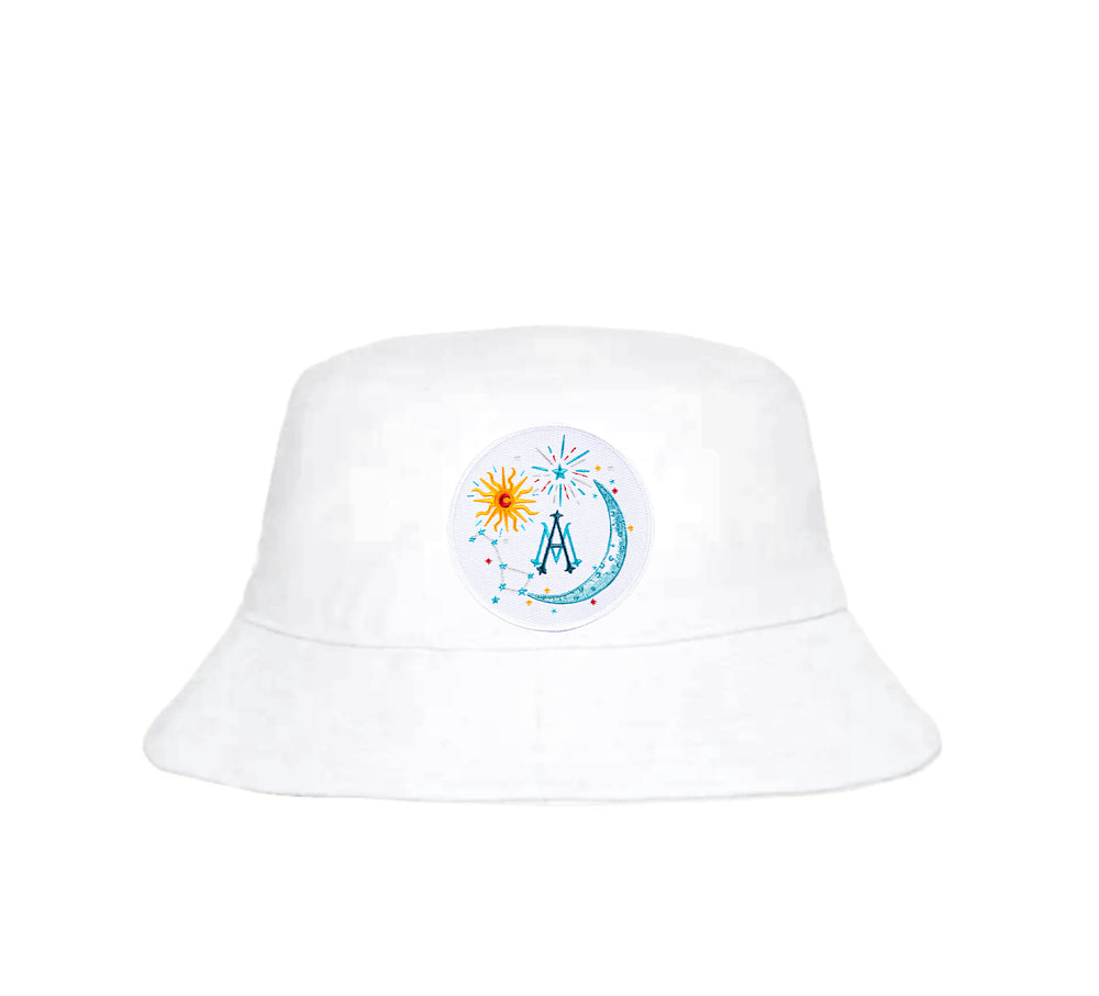 Front view of white cotton bucket hat showcasing a 3-inch embroidered celestial patch with sun and crescent moon motif on white background