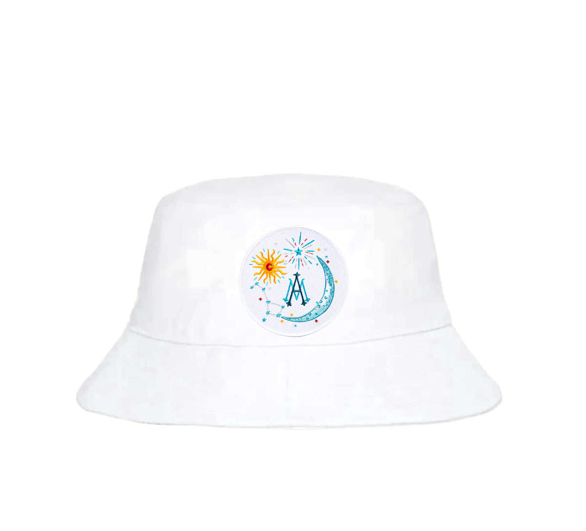 Front view of white cotton bucket hat showcasing a 3-inch embroidered celestial patch with sun and crescent moon motif on white background