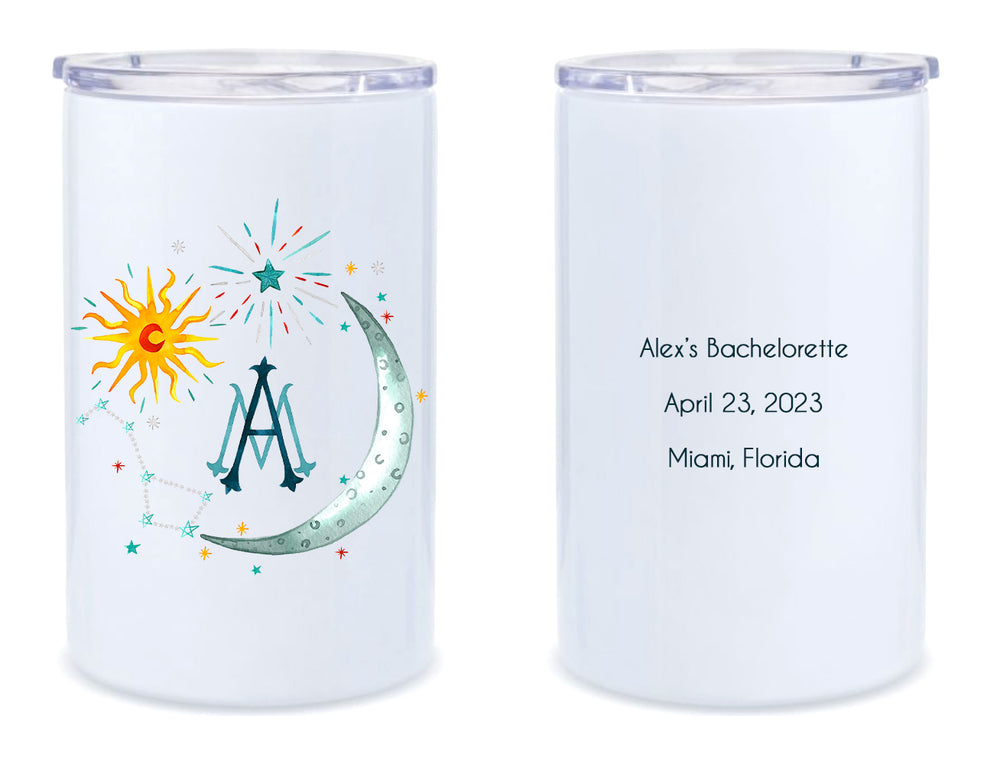 Front and back view of metal tumbler showcasing a personalized celestial crest and custom event text on white background