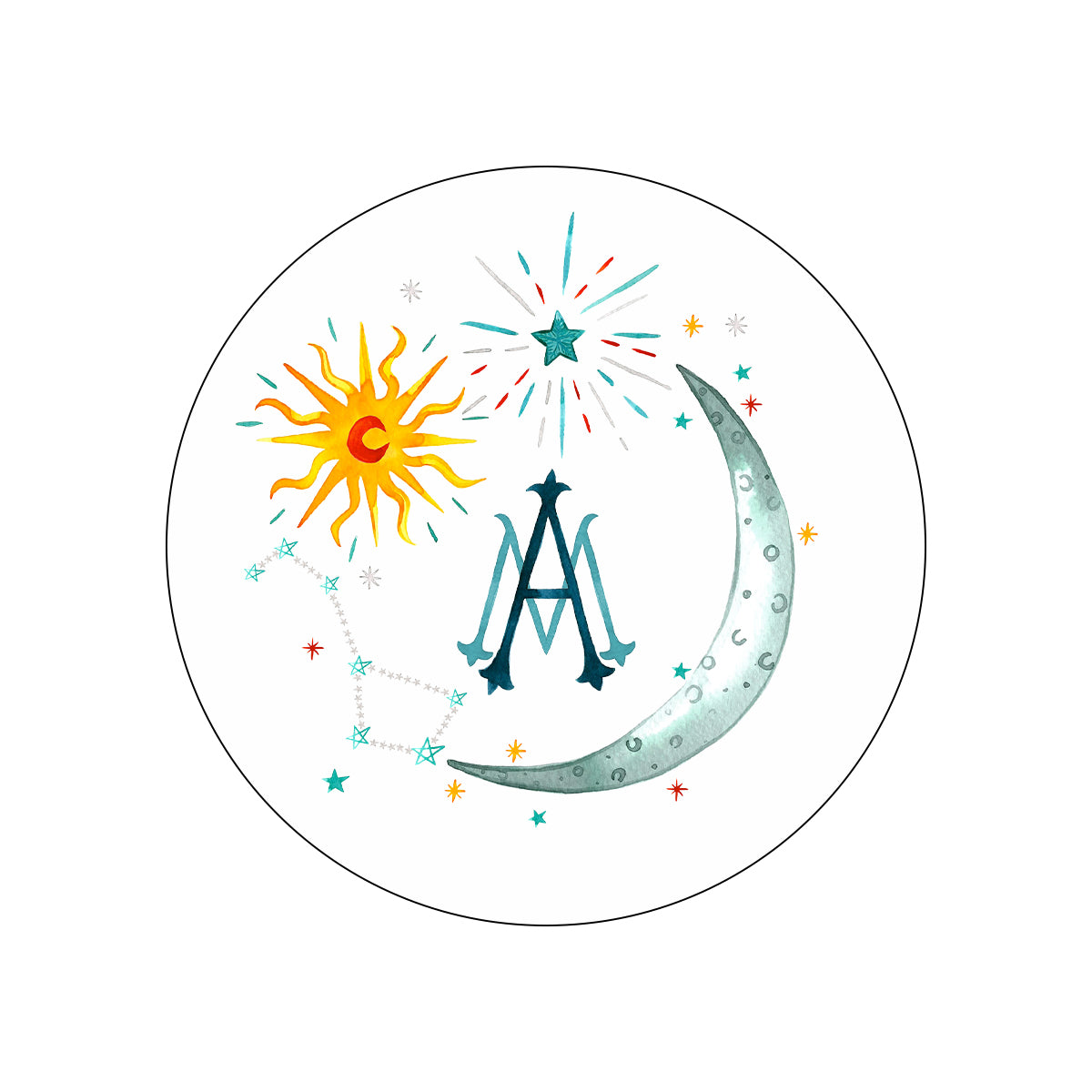Front view of Celestial crest sticker with watercolor sun, crescent moon, stars and teal monogram A on white