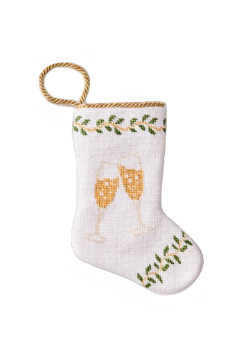 Front view of Champagne Toast Bauble Stocking showcasing needlepoint champagne glasses and leafy trim with gold rope hanger