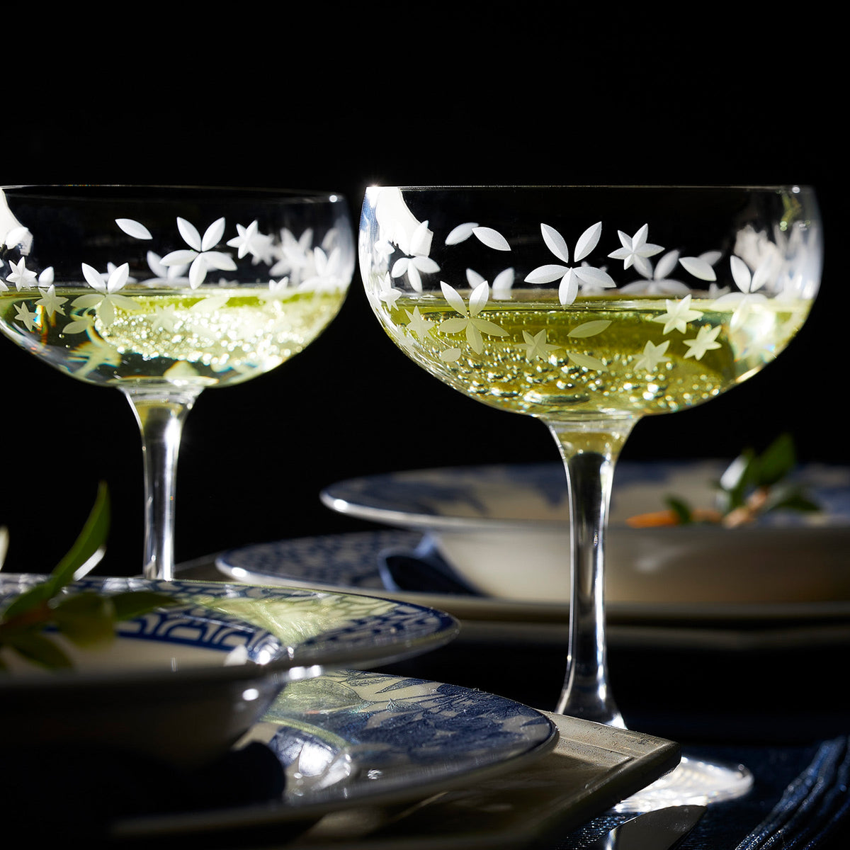 Chatham Bloom floral etched crystal coupe cocktail glasses from Caskata.