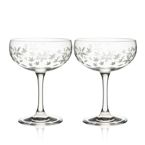 Chatham Bloom coupe cocktail glasses, etched floral design in lead-free crystal by Caskata.