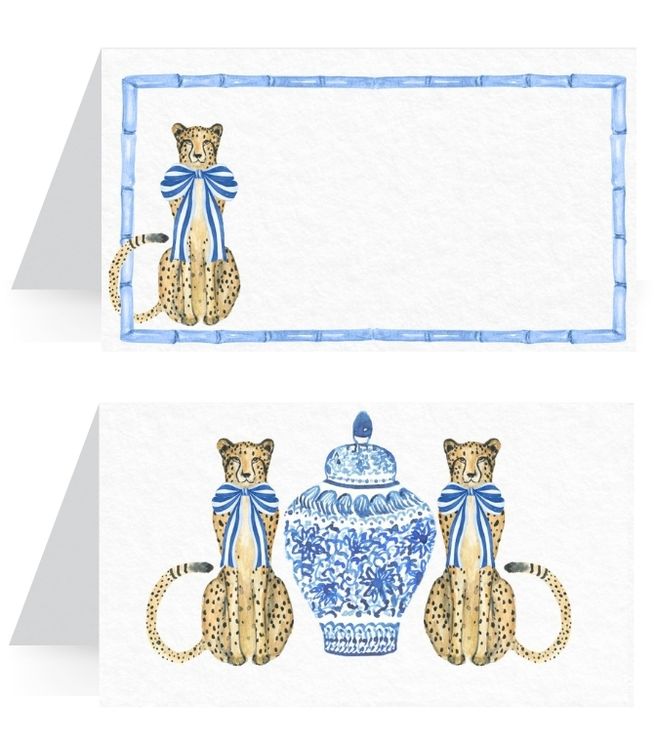 Cheetah Place Card with blue bows, bamboo frame and ginger jar