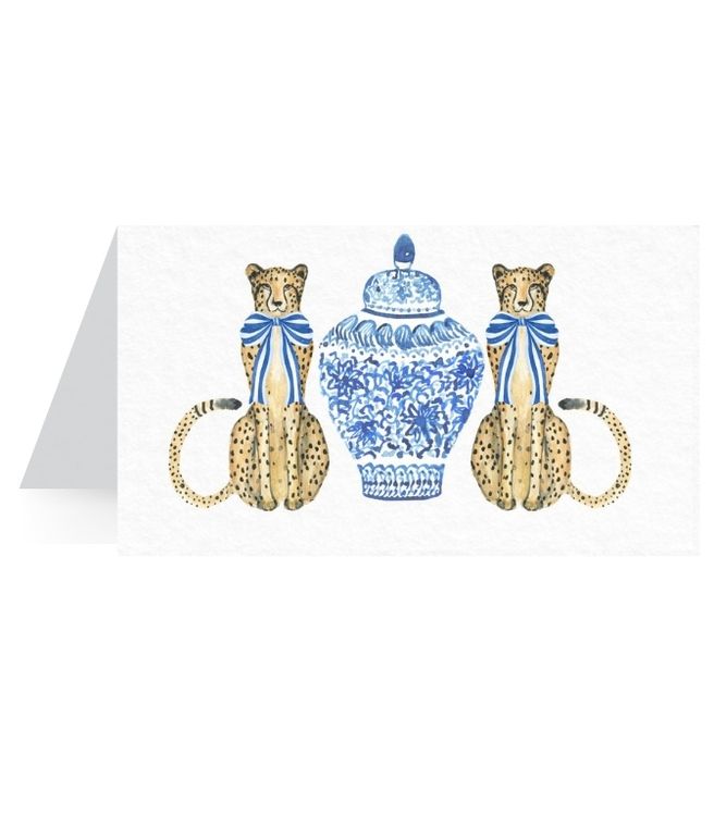 Cheetah Place Card with blue bows, bamboo frame and ginger jar