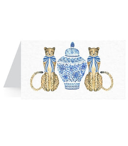 Cheetah Place Card with blue bows, bamboo frame and ginger jar