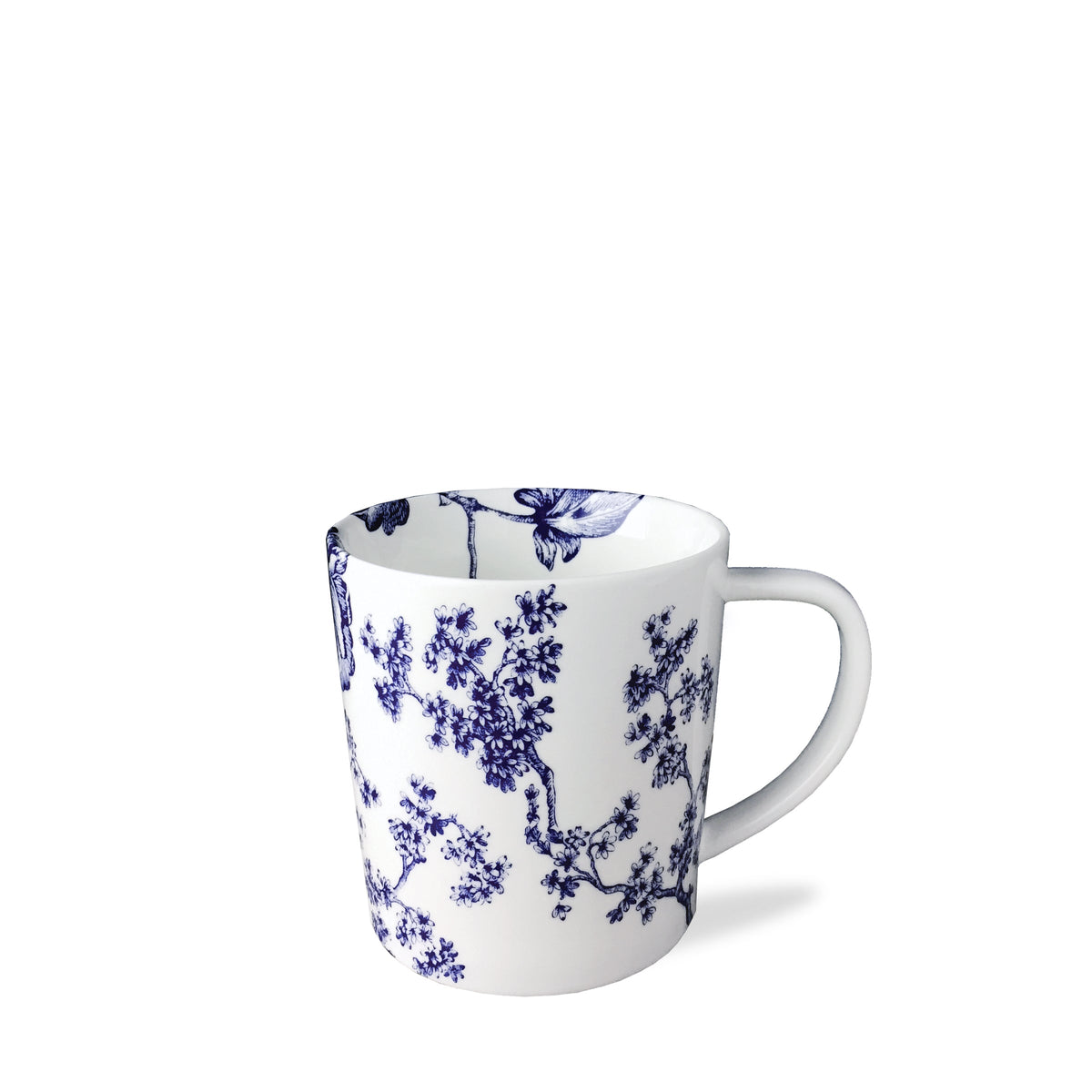 Front three quarter view of Chinoiserie Toile Mug Blue showcasing its blue floral pattern and handle against a white background