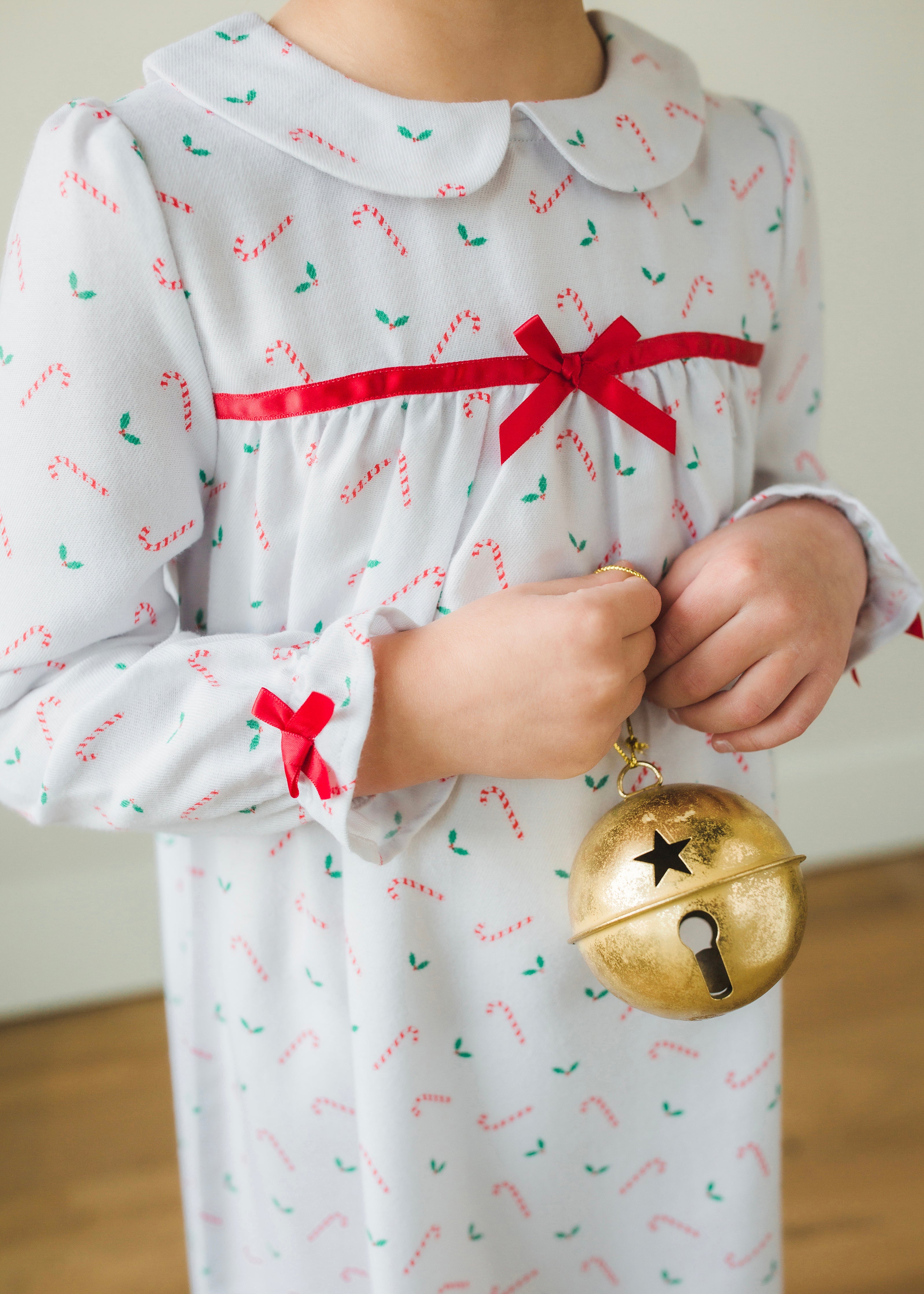 Little English traditional girl's flannel style nightgown, little girl's classic christmas nightgown with bow in candy cane