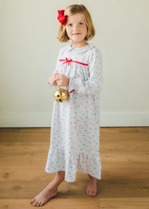 Little English traditional girl's flannel style nightgown, little girl's classic christmas nightgown with bow in candy cane