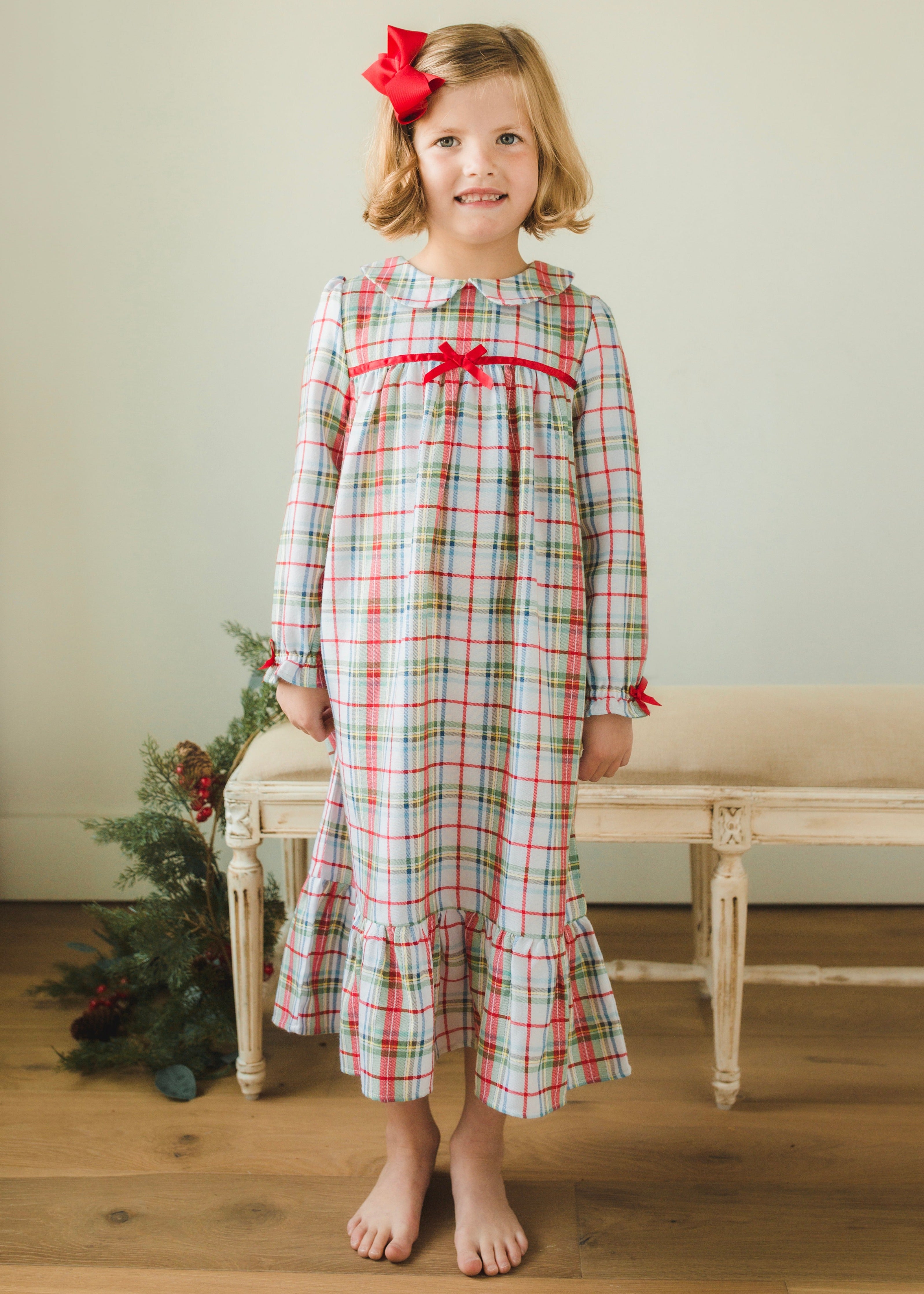 Little English traditional girl's flannel style nightgown, little girl's classic christmas nightgown with bow in plaid