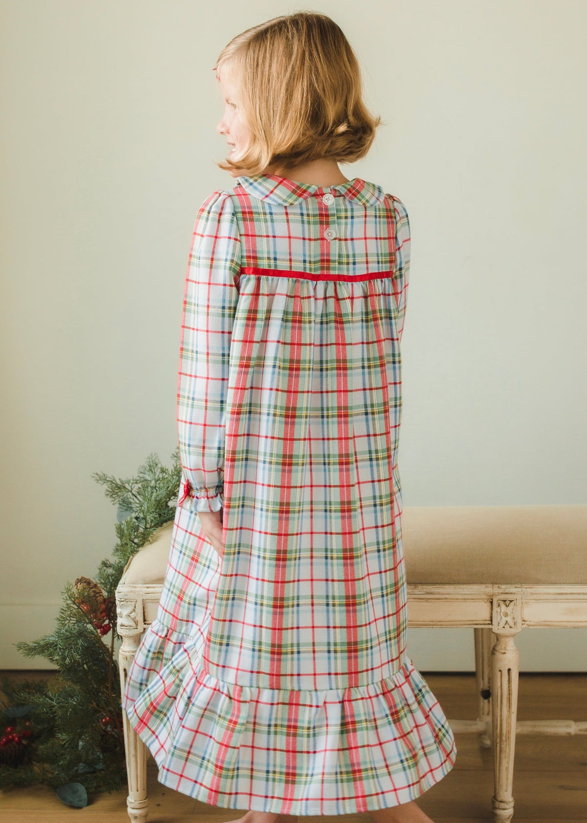 Little English traditional girl's flannel style nightgown, little girl's classic christmas nightgown with bow in plaid