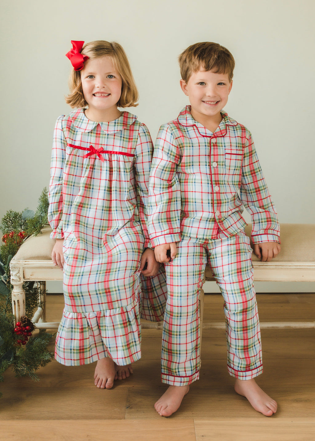 Little English traditional girl's flannel style nightgown, little girl's classic christmas nightgown with bow in plaid