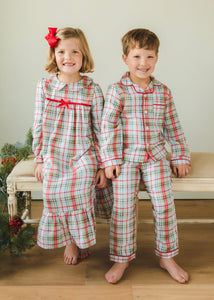 Little English traditional girl's flannel style nightgown, little girl's classic christmas nightgown with bow in plaid