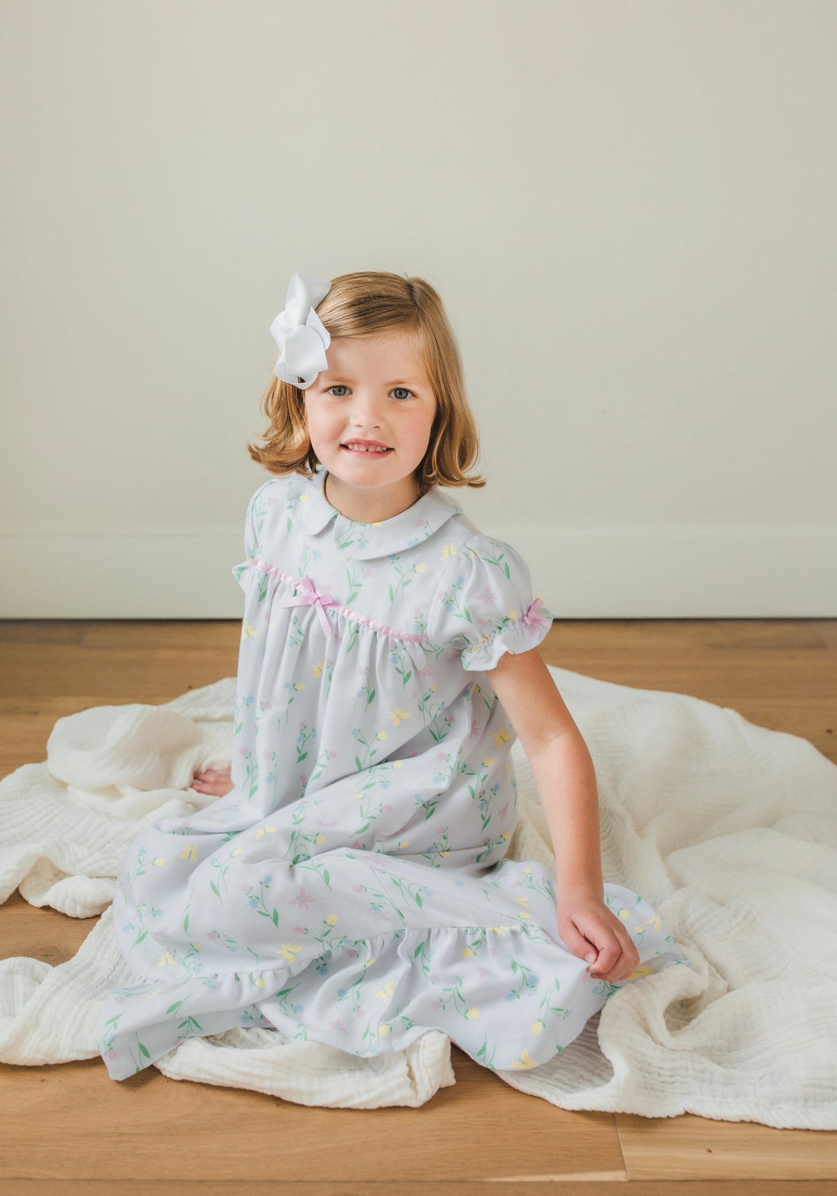 Little English traditional girl's short-sleeve flannel style nightgown, little girl's classic Spring nightgown with bow in butterfly garden print