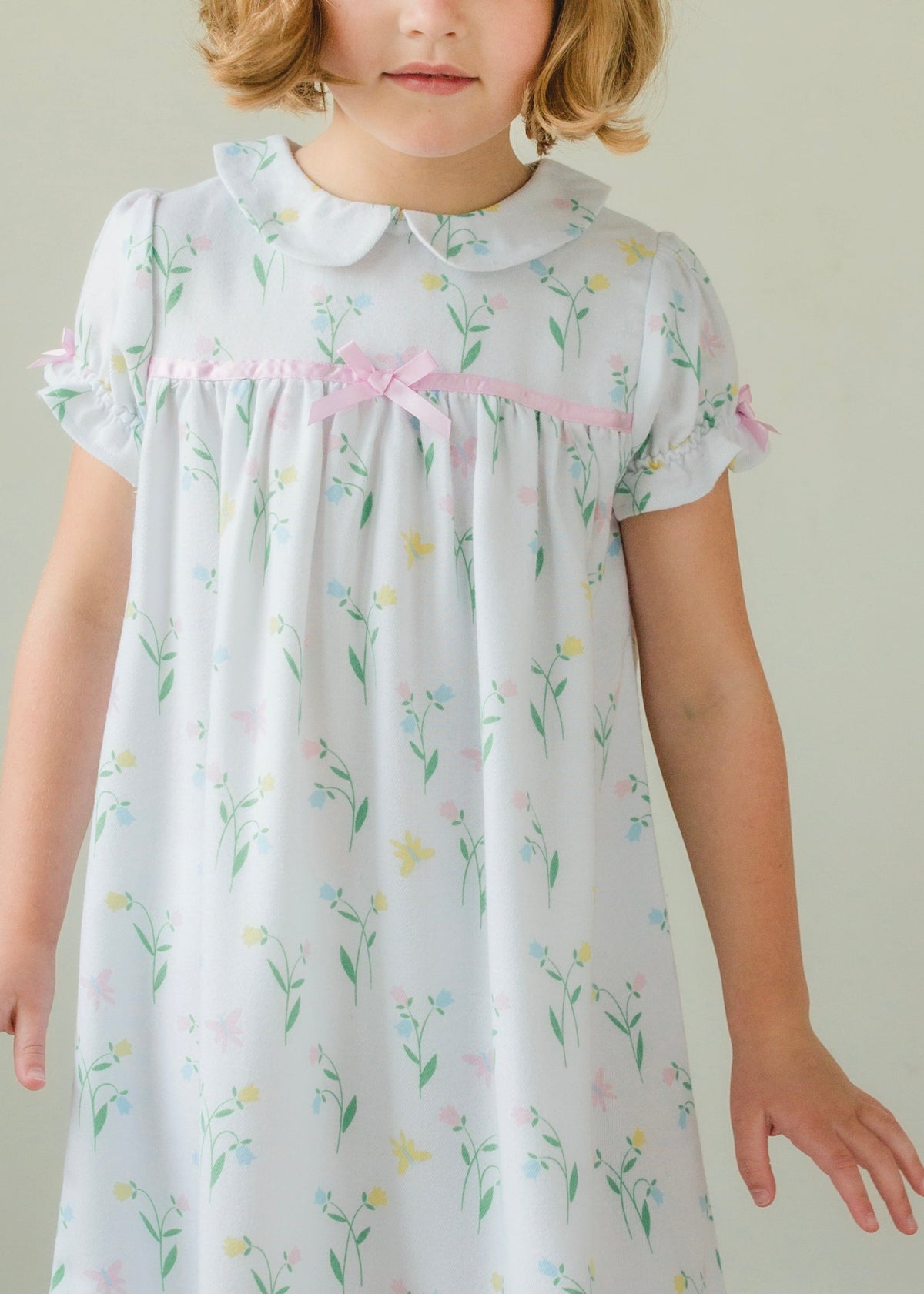 Little English traditional girl's short-sleeve flannel style nightgown, little girl's classic Spring nightgown with bow in butterfly garden print