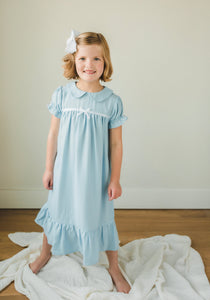 Little English traditional girl's short-sleeve flannel style nightgown, little girl's classic Spring nightgown with bow in light blue