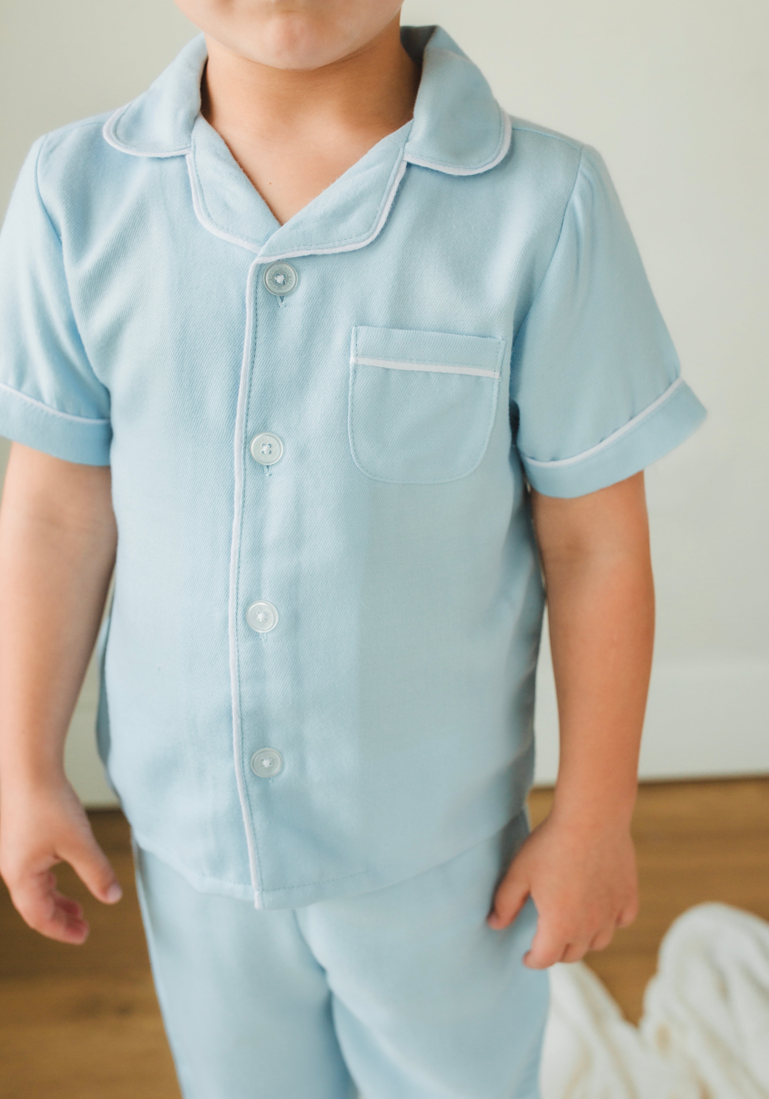 Little English classic kids short-sleeve flannel style pajama set, traditional jammies in light blue for Spring