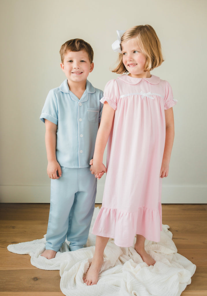 Little English classic kids short-sleeve flannel style pajama set, traditional jammies in light blue for Spring