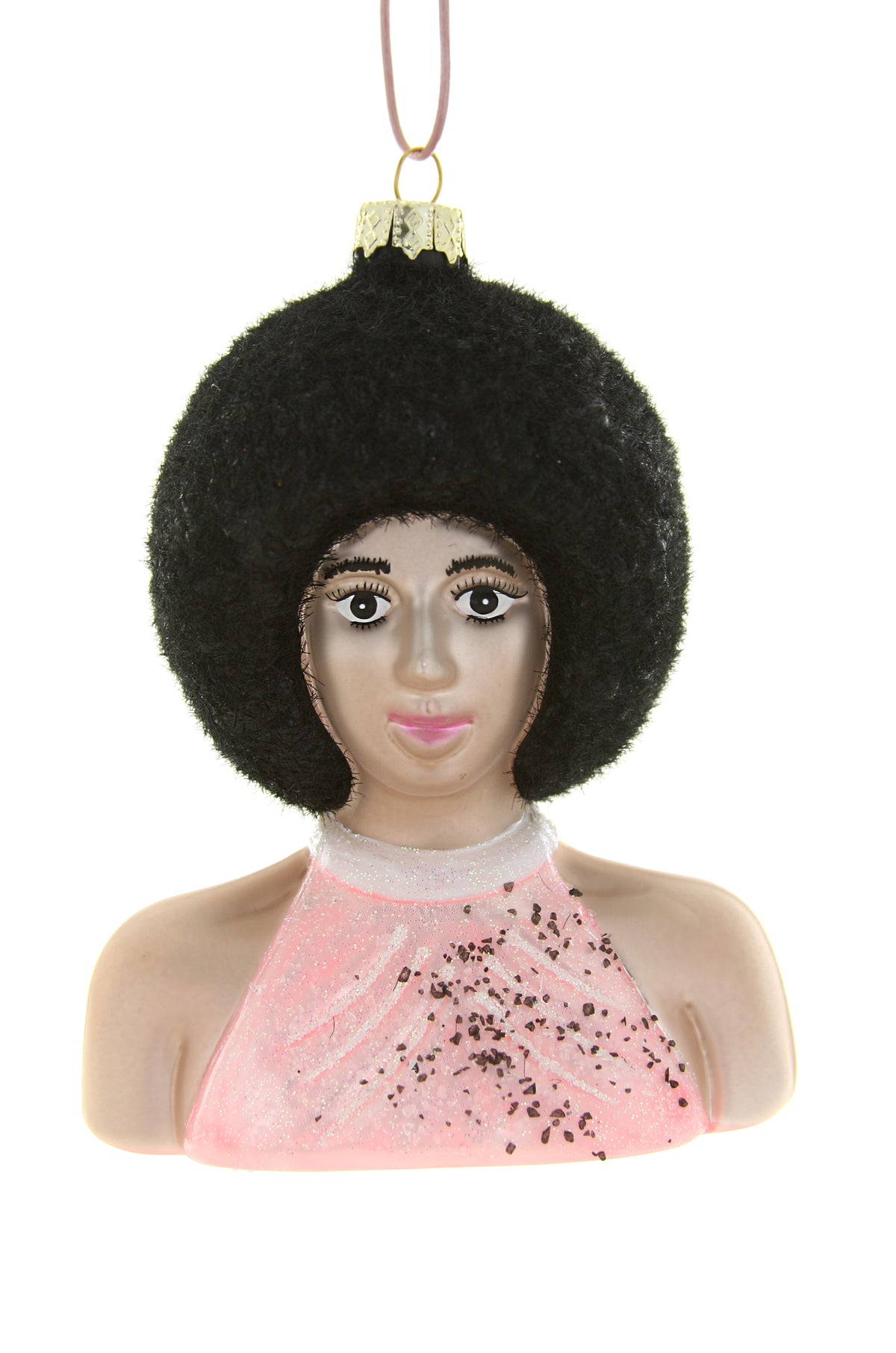 Front view of Diana Ross Ornament showcasing a black-haired face, pink glitter dress, and gilded cap on a white background
