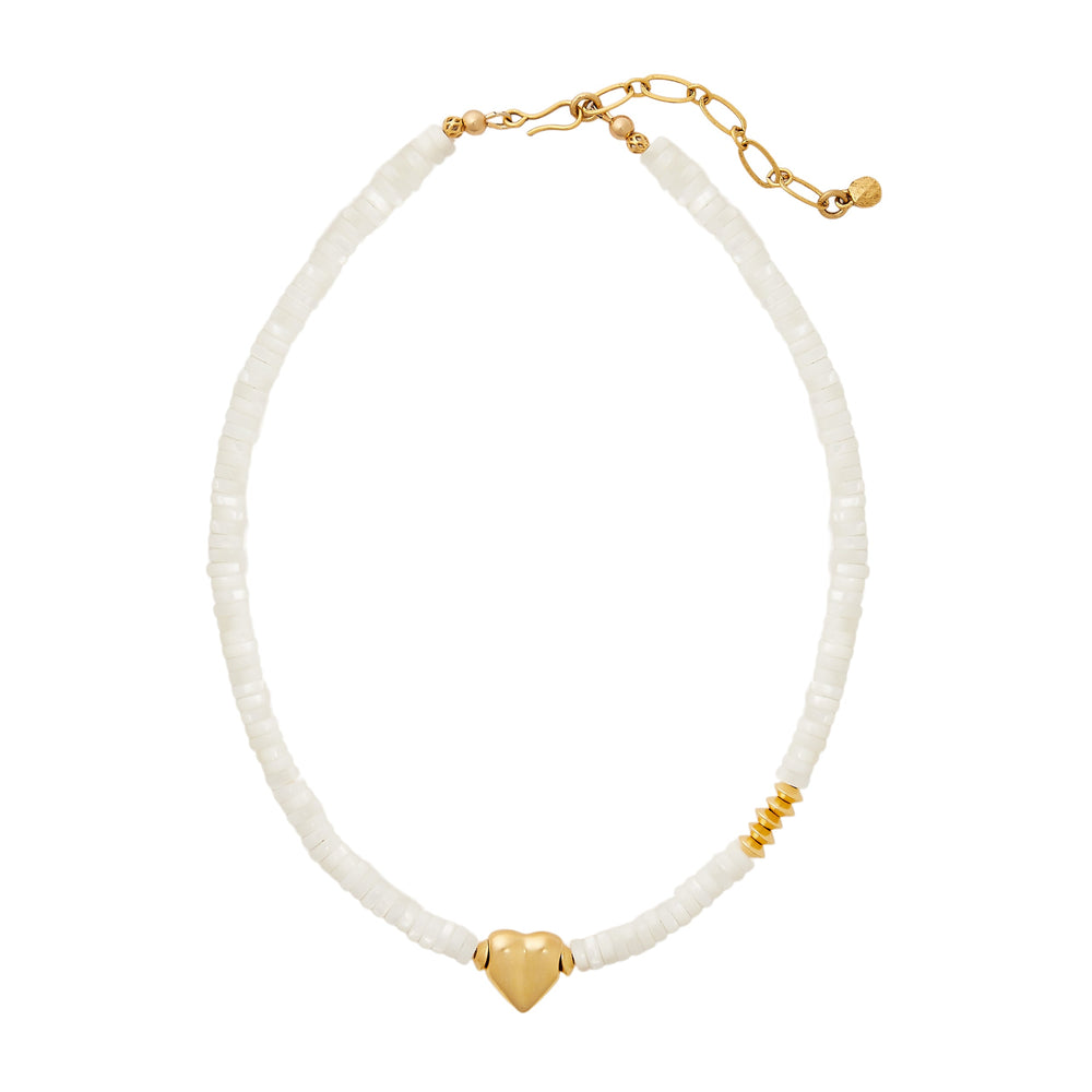 Top-down view of Confetti Necklace showcasing mother-of-pearl heishi beads and a 24K gold-plated heart bead with adjustable gold chain on a white background