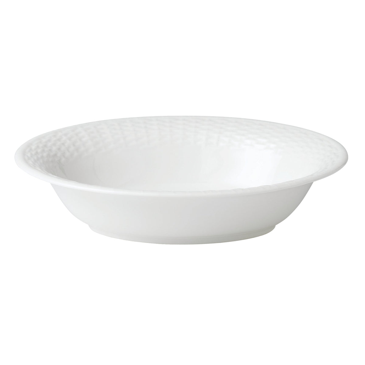 Front view of the white Nantucket Basket Open Vegetable Bowl showcasing embossed basket-weave details