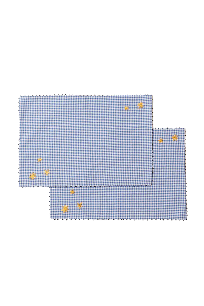 Blue Gingham Embroidered Placemat, Set of 2