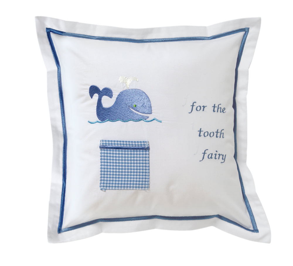 Front view of Tooth Fairy pillow cover with embroidered blue whale, gingham tooth pocket and ‘for the tooth fairy’ text