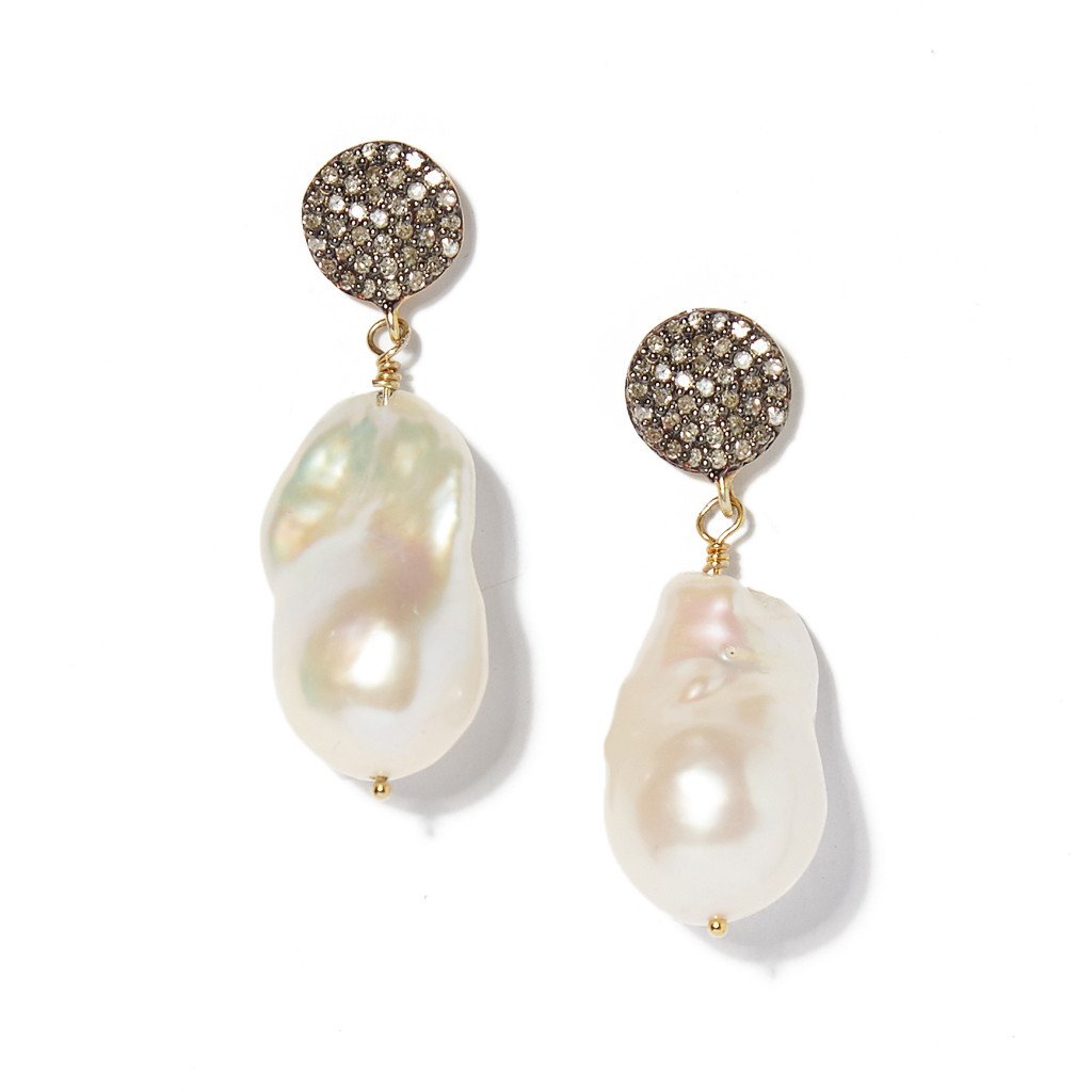 Diamond Circle and Baroque Pearl Earrings