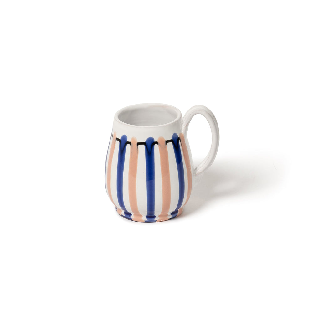 Three-quarter view of Drip Mug showing blue and pink vertical drip stripes and handle on white background