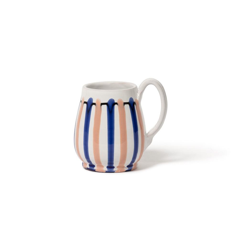 Three quarter view of Drip Mug showing blue and pink vertical drip stripes on white ceramic with white background