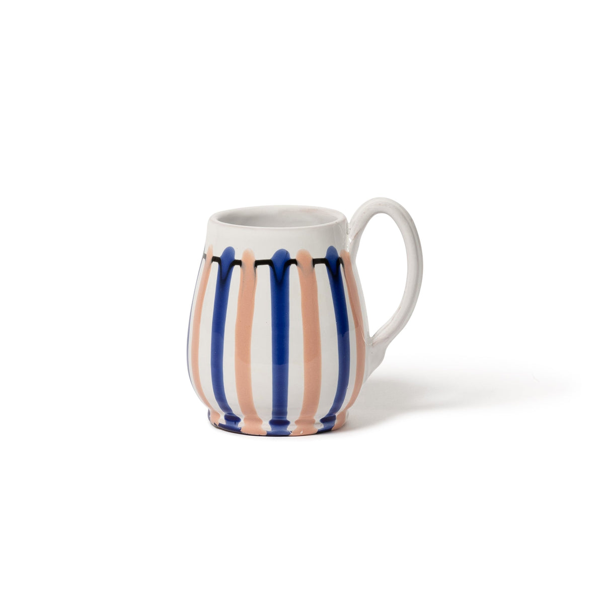 Three quarter view of Drip Mug showing blue and pink vertical drip stripes on white ceramic with white background