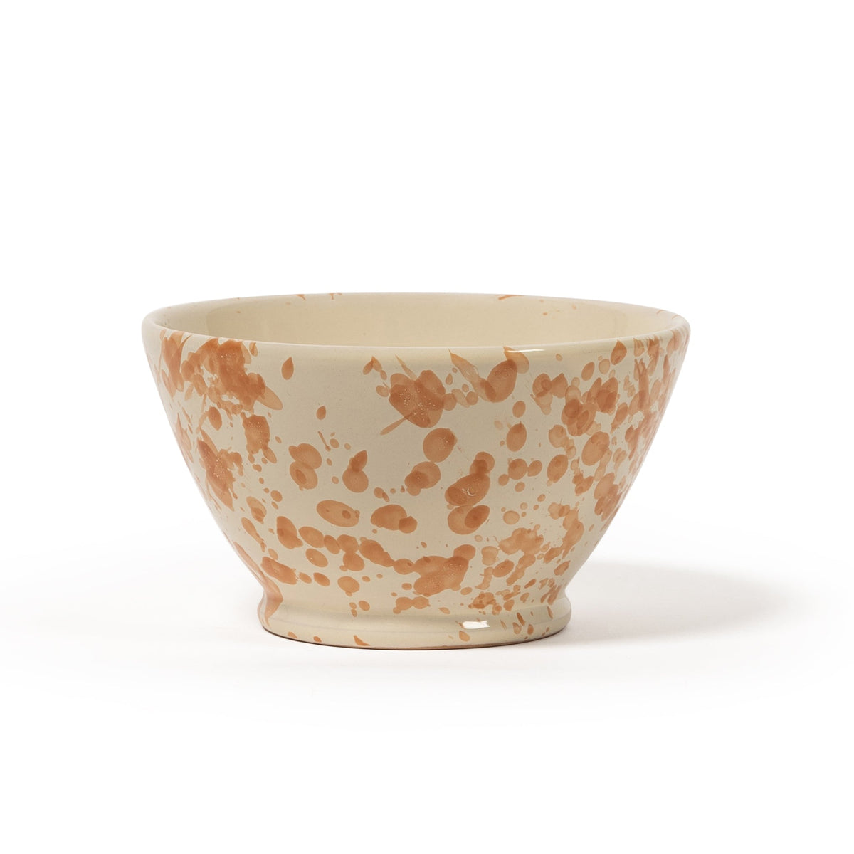 Front view of small Splatter Bowl showcasing ivory ceramic with tan splatter pattern on white background